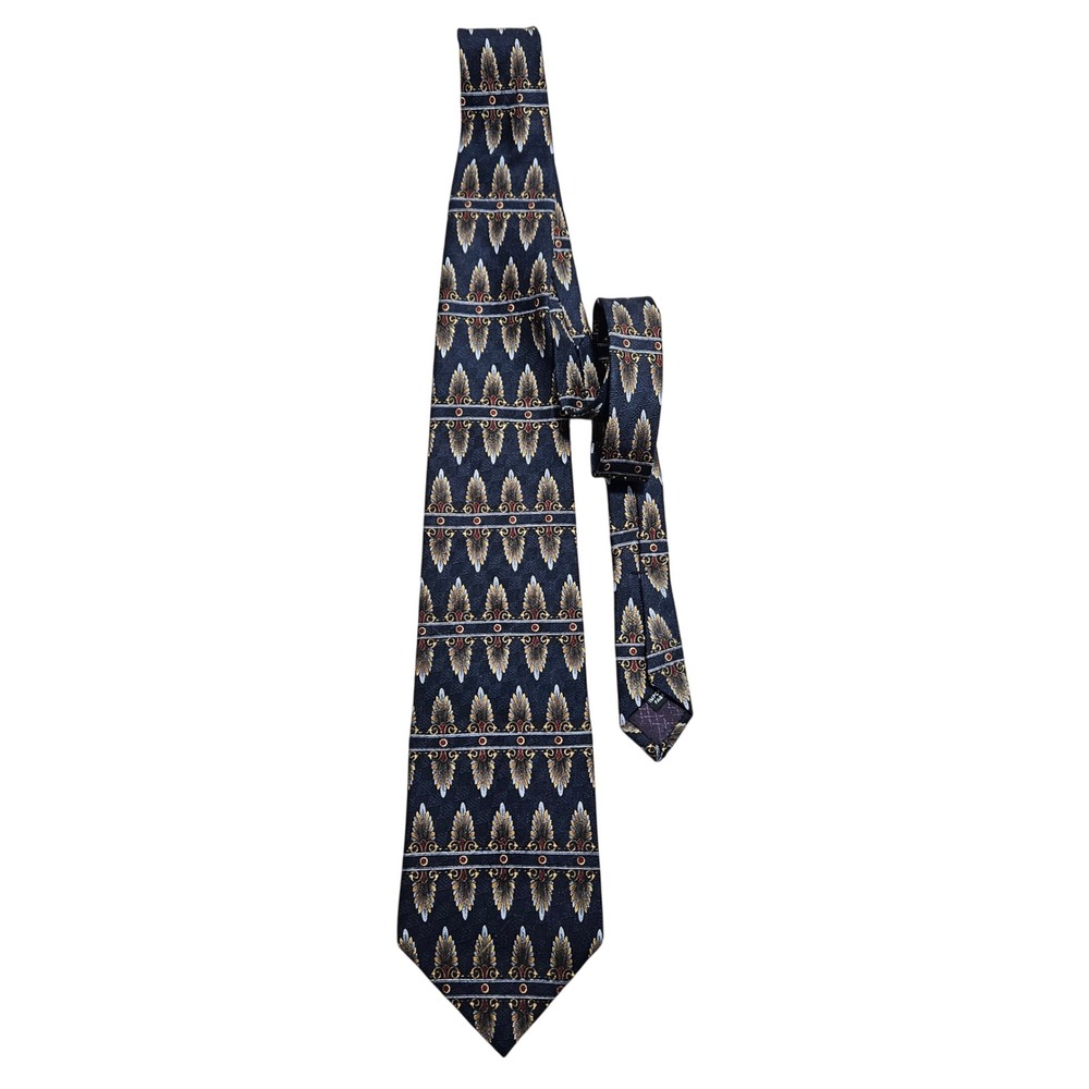 Monsieur Givenchy Mens Silk Tie Navy‎ Blue Gold Acanthus Leaf Medallion Vintage